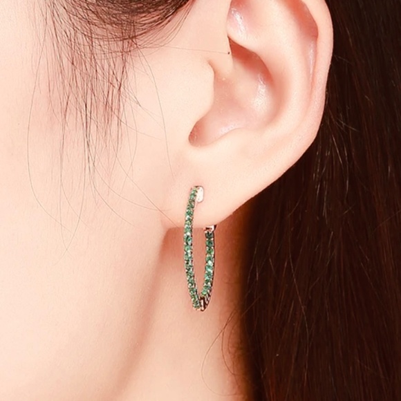 Lab Emerald Inside Out Hoop Earrings - Picture 2 of 11